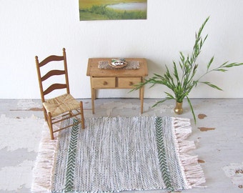 Dollhouse Miniature Rug 1:12 Scale Artisan Doll House Furniture Carpet, Modern Beach Rustic Cabin Farmhouse Decor, Hand Woven Green Stripe