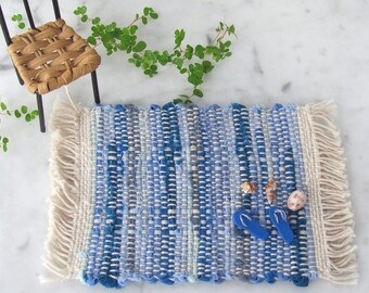 Dollhouse Miniature Rag Rug, 1:12 Artisan Handmade Woven in Nautical Sea Glass Blue for Modern Beach Cottage Doll House Bath, Kitchen Decor