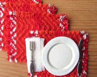 Dollhouse Miniature Placemats, Mexican Fiesta Southwest Food Kitchen or Dining Table Mat, 1:12 Scale Artisan Handmade Woven in Red & Orange