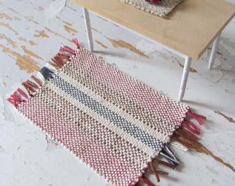 Dollhouse Miniature Rug, 1:12 Artisan Handmade Hand Woven in Red White Blue Brown, Country Rustic Farmhouse Cottage Kitchen Doll Furniture