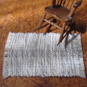 1:12 Miniature Dollhouse Rug, Artisan Hand Woven Small White Gray Doll Rug, Rustic Cottage Farmhouse, Country Cabin Model Collector Decor