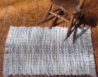 1:12 Miniature Dollhouse Rug, Artisan Hand Woven Small White Gray Doll Rug, Rustic Cottage Farmhouse, Country Cabin Model Collector Decor