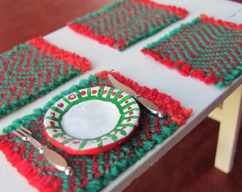 Dollhouse Miniatures Placemat, 1:12 Scale Artisan Doll House Furniture Mexican Southwest Fiesta Cinco de Mayo Red Green Decor, Hand Woven