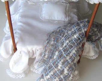 Dollhouse Miniature Bedding, Bedroom Blanket, Smoky Gray Blue Artisan 1:12 Scale Hand Woven Mohair Bed Throw, Cottage Cabin Doll House Decor