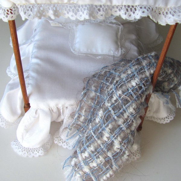 Dollhouse Miniature Bedding, Bedroom Blanket, Smoky Gray Blue Artisan 1:12 Scale Hand Woven Mohair Bed Throw, Cottage Cabin Doll House Decor