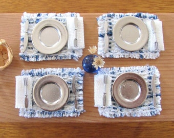 1:12 Dollhouse Miniature Placemat, Artisan Nautical Beach Doll House Furniture Kitchen Dining Table Mats, Hand Woven Indigo Navy Blue White