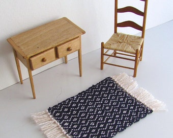 Doll House Miniature Rug, 1/12 Scale Artisan Dollhouse Collector Furniture Traditional Style Hand Woven Indigo Navy Blue Small Carpet