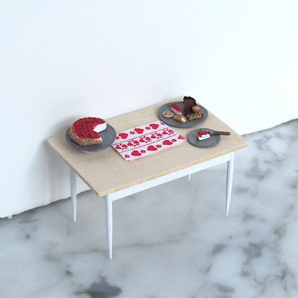 Miniature Dollhouse Furniture 1:24 Half Inch Scale Red Heart Valentines Day Table Runner, Kitchen Dining Room Fairy Cottage Doll House Decor