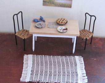 Dollhouse Miniature Furniture Handmade Woven 1:12 Artisan Doll House Rug, Natural White Brown Stripe Carpet for Modern Rustic Country Cabin
