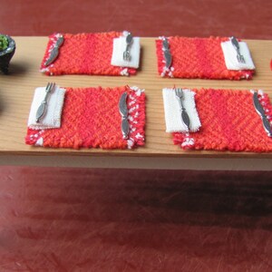 Dollhouse Miniature Placemats, Mexican Fiesta Southwest Food Kitchen or Dining Table Mat, 1:12 Scale Artisan Handmade Woven in Red & Orange image 2