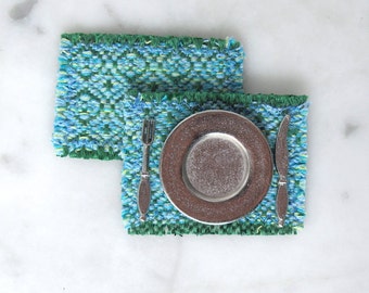 Dollhouse Placemats, 1:12 Miniature Artisan Handmade Modern Beach, Rustic Farmhouse Decor, Woven Set of 2 Green Blue Dining Table Mats