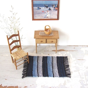 Ocean Blue Beige Stripe Carpet, 1:12 Scale Dollhouse Artisan Woven Miniature Rug, Modern Coastal Nautical Beach Cottage Furniture Accessory image 1