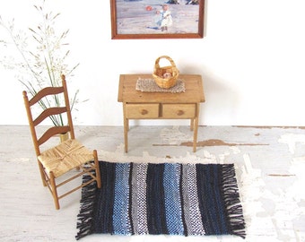 Ocean Blue Beige Stripe Carpet, 1:12 Scale Dollhouse Artisan Woven Miniature Rug, Modern Coastal Nautical Beach Cottage Furniture Accessory