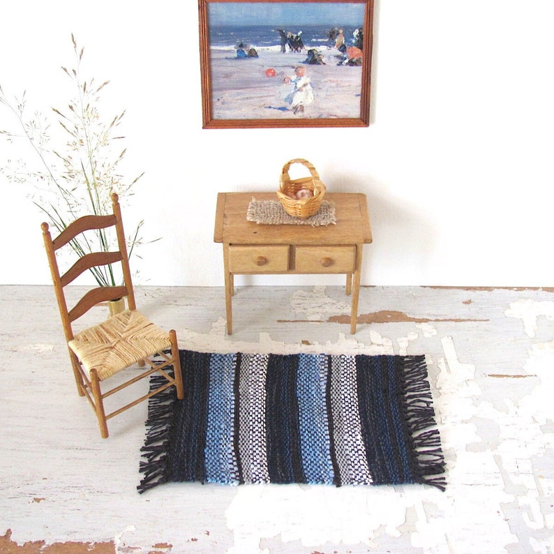 Ocean Blue Beige Stripe Carpet, 1:12 Scale Dollhouse Artisan Woven Miniature Rug, Modern Coastal Nautical Beach Cottage Furniture Accessory image 1