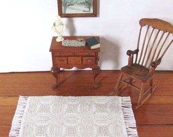 Dollhouse Miniature Rug, 1:12 Scale Artisan Doll House Furniture Beach Cottage Handmade Hand Woven Carpet in Neutral Oatmeal Beige & White