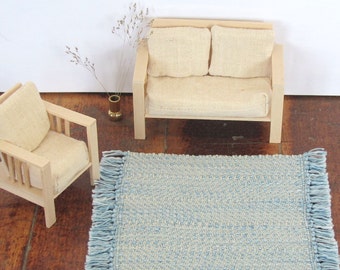 Miniature Dollhouse Rug, Sea Blue Beige 1:12 Scale Artisan Hand Woven Furniture Carpet for Modern Beach Seaside Nautical Bedroom Living Room
