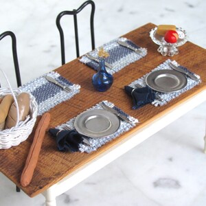 1:12 Dollhouse Miniature Placemat, Artisan Handmade Woven Navy Blue Stripe Kitchen Dining Table Mat, Nautical Seaside Beach Furniture Decor image 3