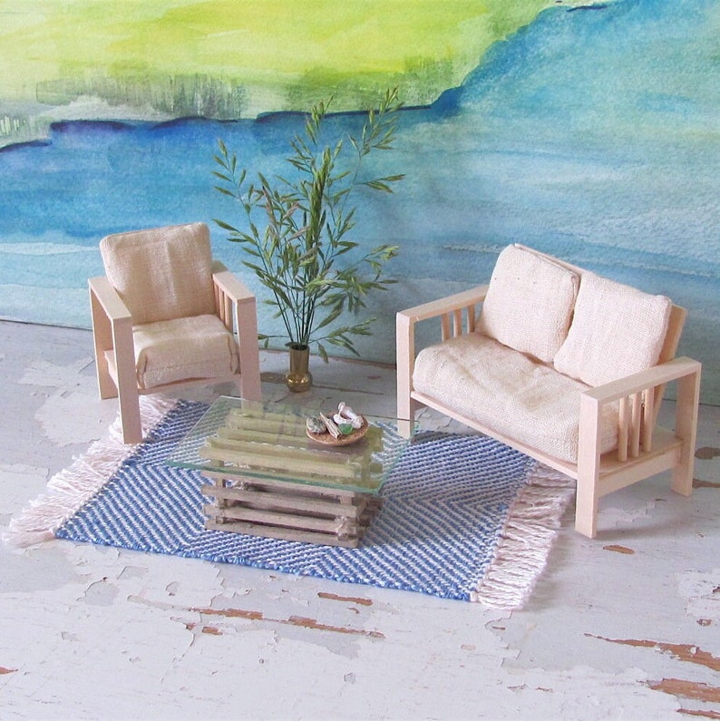 Dollhouse Miniature Rug, 1:12 Scale Artisan Doll House Furniture Modern Seaside Coastal Beach Scandinavian Light Blue White Hand Woven Rug image 1