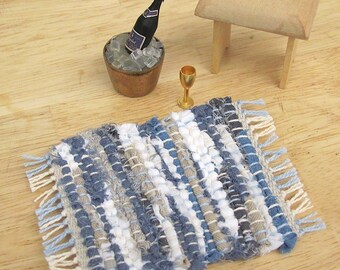 Dollhouse Miniature Rug, Small Carpet, Rag Style Kitchen Bath Door Mat, 1:12 Scale Artisan Hand Woven in Ocean Blue for Nautical Beach Decor