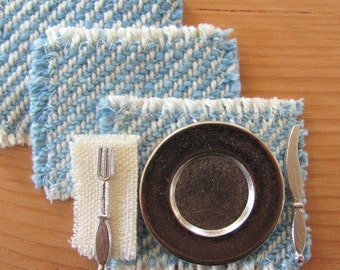 Dollhouse Miniature Table Placemat, 1:12 Artisan Doll House Furniture Coastal Beach Farmhouse Rustic Cabin Hand Woven Blue White Dining Mat