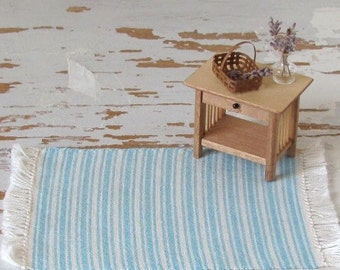 Miniature Dollhouse 1:12 Rug, Artisan Doll House Furniture Scandinavian Modern Tropical Coastal Beach Cottage Woven Turquoise Stripe Carpet