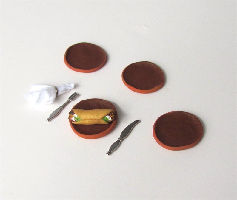 Dollhouse Miniature Pottery Plates, 1:12 Artisan Doll House Furniture Mexican Fiesta Southwest Rustic Food Kitchen Picnic Dining Table Decor image 3