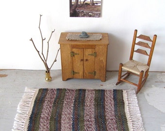 Dollhouse Miniature Rug, 1:12 Scale Artisan Carpet, Handmade Woven Burgundy Red Brown Green Blue Stripe for Rustic Cabin, Country Farmhouse