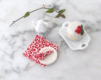 Dollhouse Miniatures Napkins,  1:12 Scale Red White Polka Dot Cloth Cafe, Kitchen, Dining Table Decor for Modern Doll House Furniture