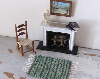 Dollhouse Miniature Rug, Handmade Woven Irish Green Wool Carpet, 1:12 Scale Artisan Doll House Furniture Accessory for Rustic Country Cabin