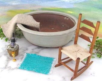 Dollhouse Miniature Bath Mat, Small Tropical Turquoise Hand Woven Blue Bathroom Kitchen Rug, Artisan 1:12 1/24 Doll Beach Cottage Furniture