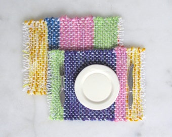 Modern Dollhouse Miniature Placemats, 1:12 Scale Artisan Farmhouse Doll House Furniture, 2 Handmade Woven Rainbow Kitchen Mats or Bath Rugs