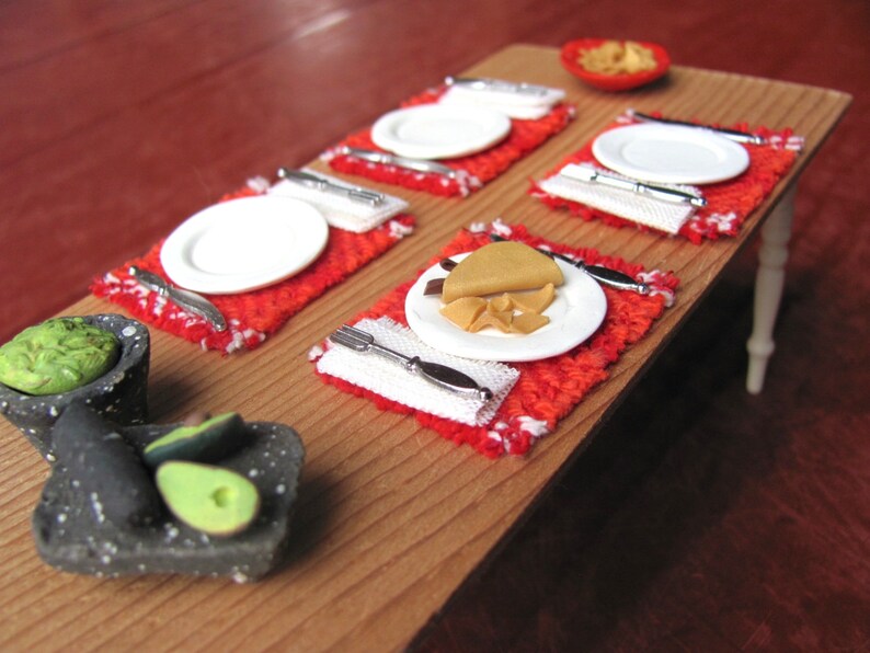 Dollhouse Miniature Placemats, Mexican Fiesta Southwest Food Kitchen or Dining Table Mat, 1:12 Scale Artisan Handmade Woven in Red & Orange image 3