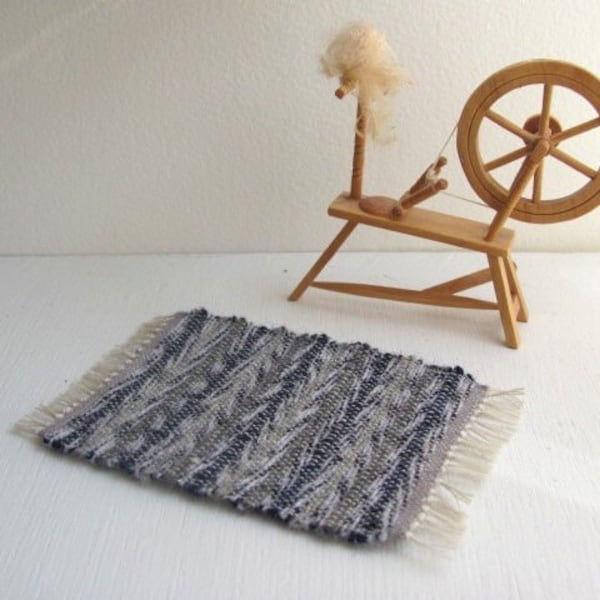 Dollhouse Miniature Wool Rug, 1:12 Scale Artisan Hand Woven in Navy Blue Gray, Rustic Shaker Style Country Cabin Doll House Furniture Decor