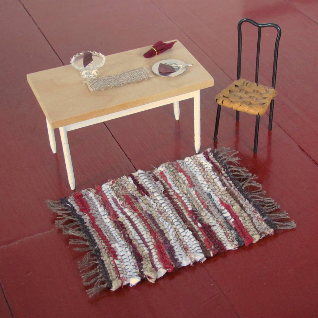 Hand Crafted Miniature Rugs Dollhouse Miniature Rug, 1:12 Artisan Hand Woven Rustic Red Brown Rag ...