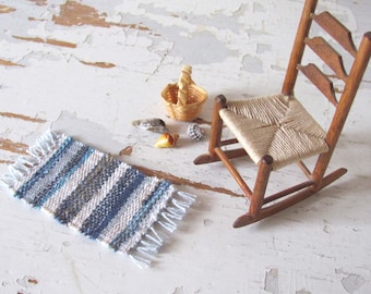 Dollhouse Miniature Rug, Small Ocean Blue Carpet, 1:12 Scale Artisan Doll House Furniture Nautical Beach Cabin Hand Woven Rag Style Door Mat