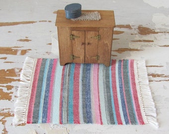 Miniature Dollhouse Rug, 1:12 Scale Artisan Handmade Woven Carpet in Bright Rainbow Stripe, Modern Rustic Cabin Doll House Furniture Accent