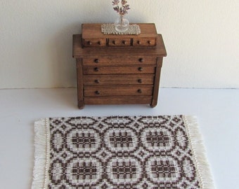 Dollhouse Miniature Rug, 1:12 Scale Artisan Furniture Handmade Country Estate Cabin Doll House Woven Dark Brown Medallion Living Room Carpet