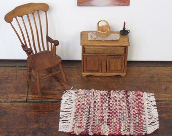 Dollhouse Miniature Rug, 1:12 Artisan Furniture Primitive Rustic Modern Country Cabin Doll House Hand Woven Burgundy Red Rose Beige Rag Rug