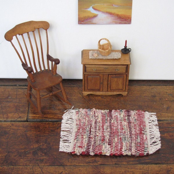 Dollhouse Miniature Rug, 1:12 Artisan Furniture Primitive Rustic Modern Country Cabin Doll House Hand Woven Burgundy Red Rose Beige Rag Rug