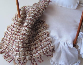 Dollhouse Miniature Bedding Throw Blanket, 1:12 Scale Artisan Doll House Bedroom Accessory, Handmade Woven Rustic Burgundy Red Beige & White