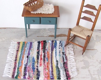 Dollhouse Miniature Rag Rug, 1:12 Scale Artisan Handmade Woven Kitchen Furniture Mat for Modern Primitive Rustic Cabin, Country Farmhouse