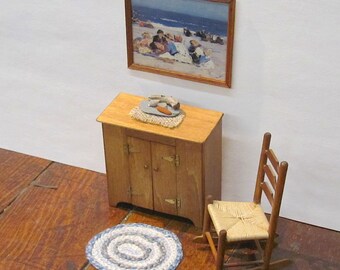 Dollhouse Miniature Rug, Artisan Handmade Round Blue Wool Carpet, 1:12 Furniture for Nautical Beach Cottage, Modern Rustic Cabin Dolls House