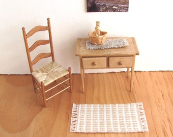 Dollhouse Miniature Rug, Handmade Woven Beige Stripe Carpet, 1:12 Scale Artisan Doll House Furniture for Modern Beach Scandinavian Farmhouse