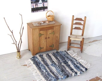 Dollhouse Miniature Rag Rug, 1:12 Artisan Handmade Woven in Denim Blue Gray, Nautical Lake Cabin, Coastal Beach Cottage Doll House Furniture