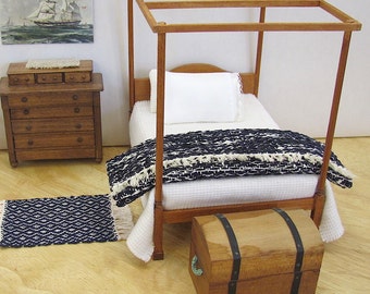 Dollhouse Miniature Bedding, Bed Throw Blanket, Handmade Woven Artisan 1:12 Scale Doll House Bedroom Decor Bedspread in Indigo Navy Blue