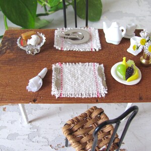 Dollhouse Miniature Placemat, Handmade Woven Pink White Kitchen Table Mat, 1:12 Scale Artisan Doll House Modern Beach Farmhouse Furniture image 3