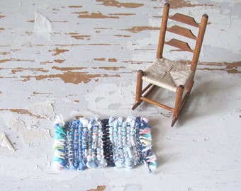 Dollhouse Miniature Hand Woven Rug, 1:12 Artisan Blue White Kitchen Bath Mat for Modern Beach Cottage, Rustic Farmhouse, or Cabin Doll House