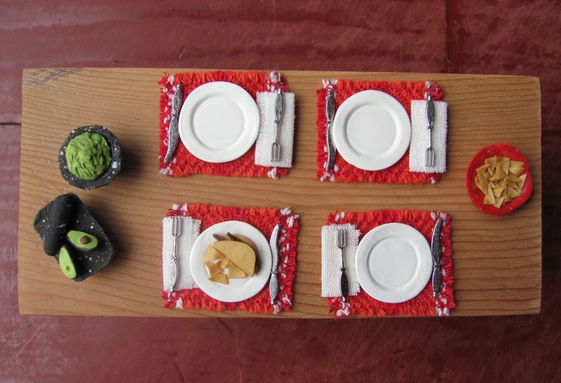 Dollhouse Miniature Placemats, Mexican Fiesta Southwest Food Kitchen or Dining Table Mat, 1:12 Scale Artisan Handmade Woven in Red & Orange image 5