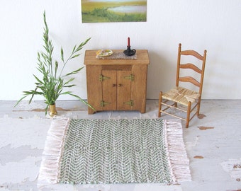 Dollhouse Miniature Rug, 1:12 Scale Artisan Hand Woven Green Doll House Carpet, Modern Rustic Country Coastal Cottage Farmhouse Furniture