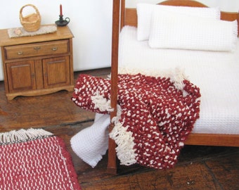 1:12 Scale Miniature Dollhouse Throw Bedding Blanket, Artisan Handmade Woven in Red Chenille for Fairy Cottage or Cabin Bedroom Decor